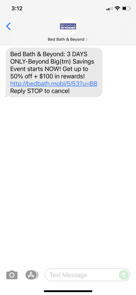 Bed Bath & Beyond Text Message Marketing Example - 06.20.2021