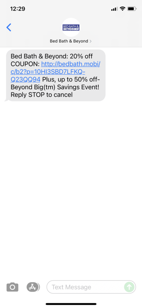 Beth Bath & Beyond Text Message Marketing Example - 06.22.2021