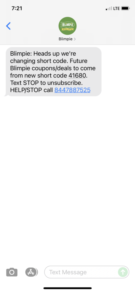 Blimpie Text Message Marketing Example - 06.28.2021