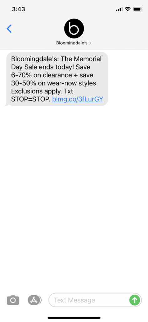 Bloomingdale's Text Message Marketing Example - 05.31.2021