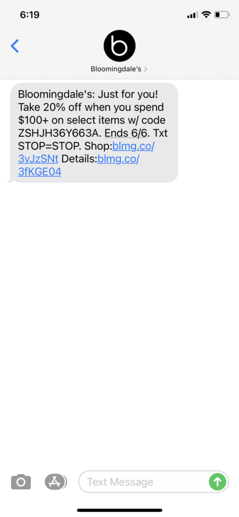 Bloomingdale's Text Message Marketing Example - 06.03.2021