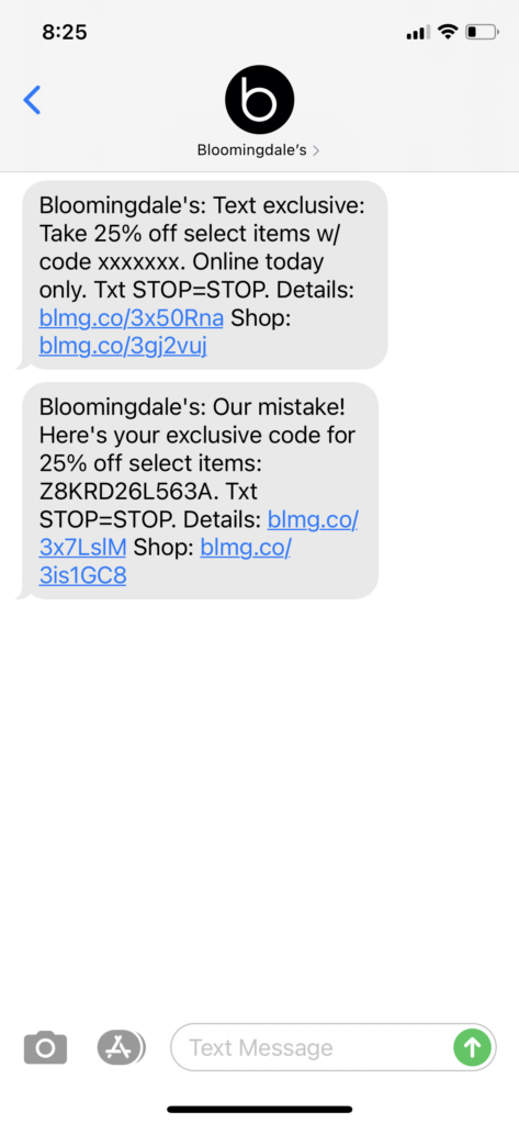 Bloomingdale's Text Message Marketing Example - 06.08.2021