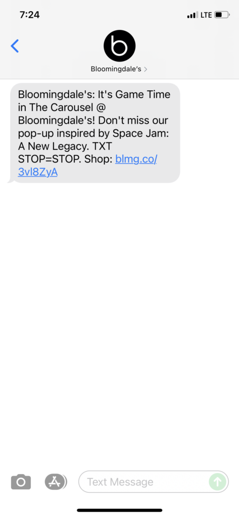 Bloomingdale's Text Message Marketing Example - 06.14.2021