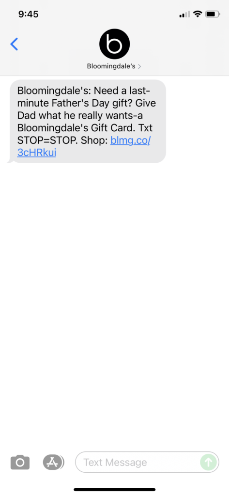 Bloomingdale's Text Message Marketing Example - 06.18.2021