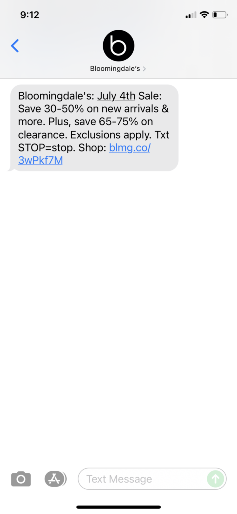 Bloomingdale's Text Message Marketing Example - 06.29.2021