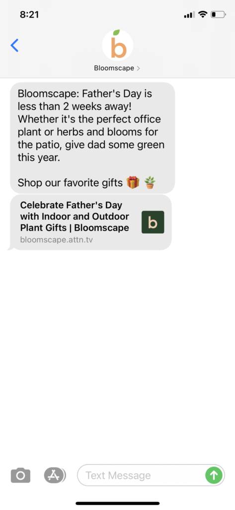 Bloomscape Text Message Marketing Example - 06.08.2021