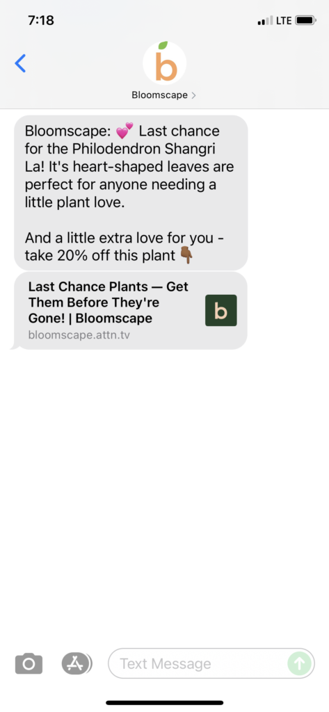 Bloomscape Text Message Marketing Example - 06.28.2021