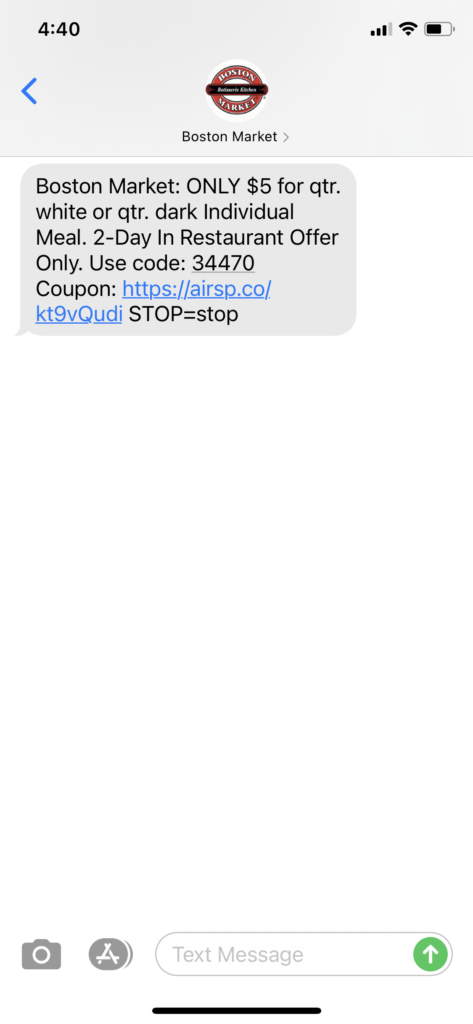 Boston Market Text Message Marketing Example - 06.04.2021