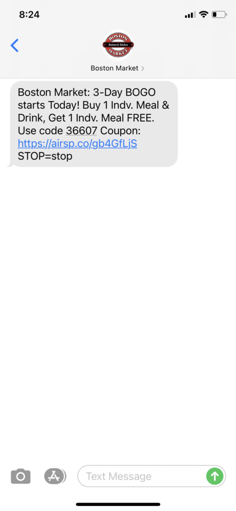 Boston Market Text Message Marketing Example - 06.08.2021