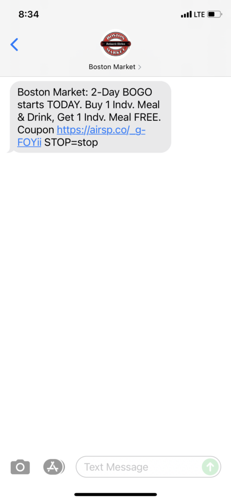 Boston Market Text Message Marketing Example - 06.23.2021