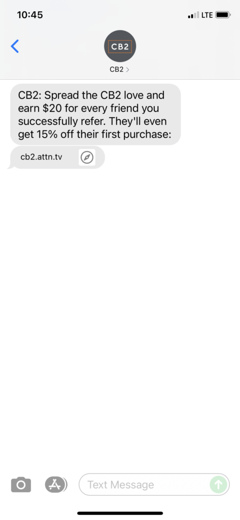 CB2 Text Message Marketing Example - 06.12.2021
