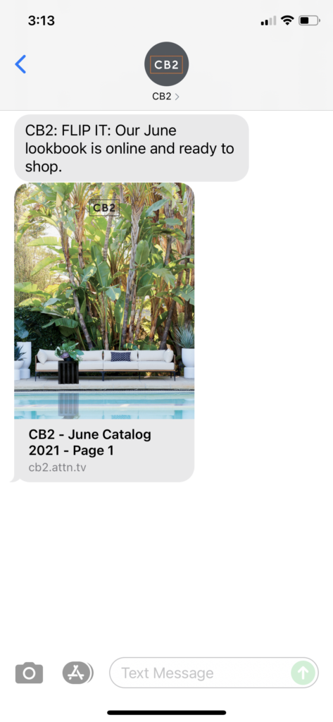 CB2 Text Message Marketing Example - 06.20.2021