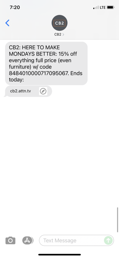 CB2 Text Message Marketing Example - 06.28.2021