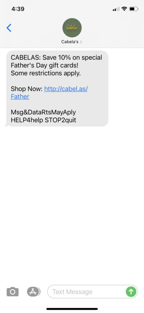 Cabela's Text Message Marketing Example - 06.04.2021