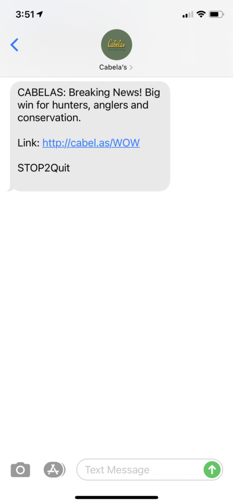 Cabela's Text Message Marketing Example - 06.07.2021