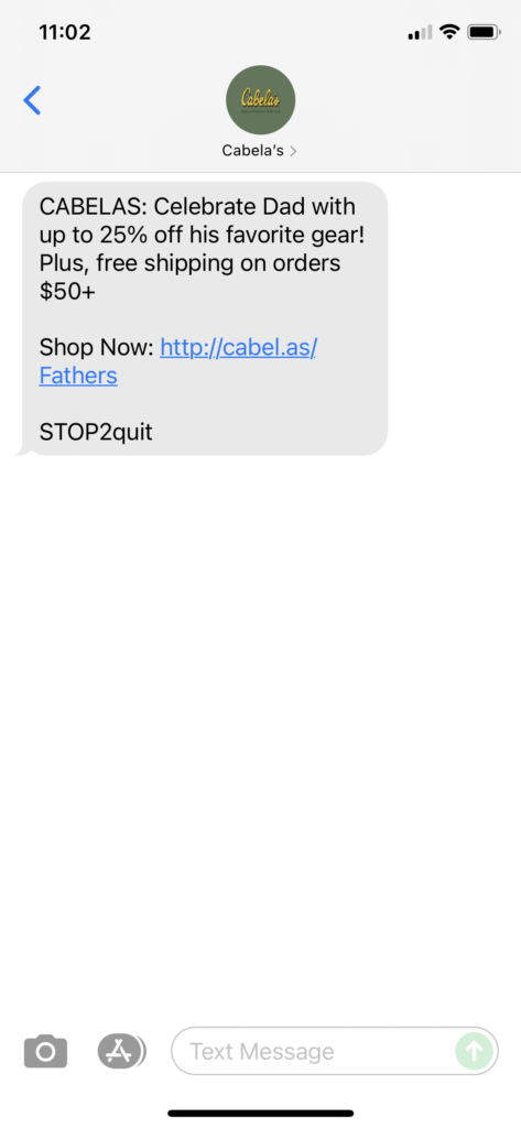 Cabela's Text Message Marketing Example - 06.10.2021