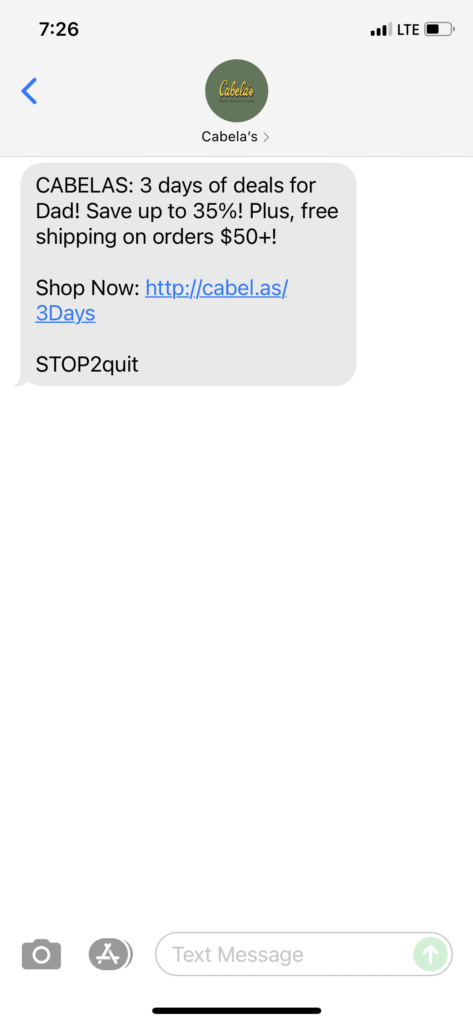 Cabela's Text Message Marketing Example - 06.14.2021