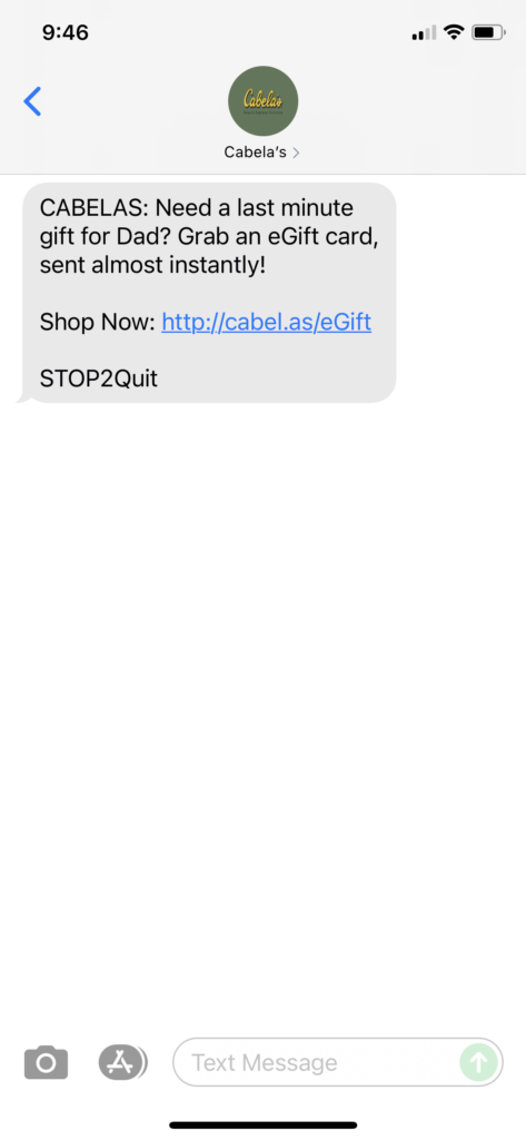 Cabela's Text Message Marketing Example - 06.18.2021