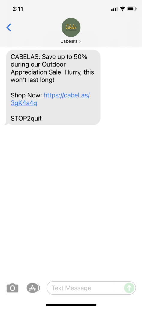 Cabela's Text Message Marketing Example - 06.21.2021