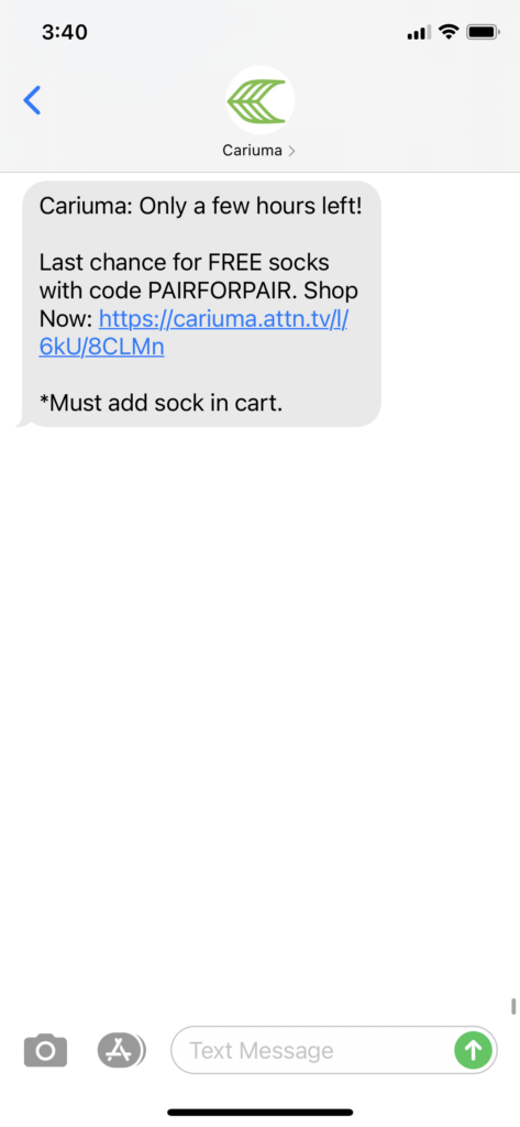 Cariuma Text Message Marketing Example - 05.31.2021