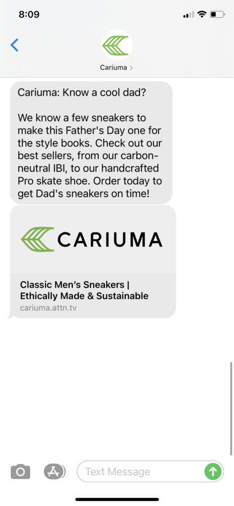 Cariuma Text Message Marketing Example - 06.03.2021