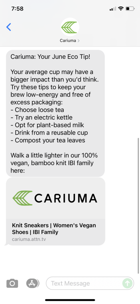 Cariuma Text Message Marketing Example - 06.13.2021