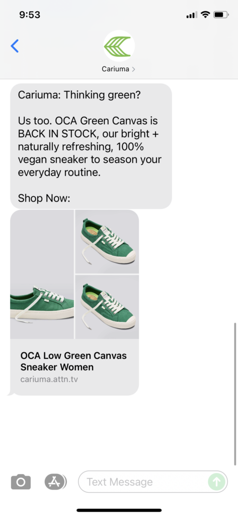 Cariuma Text Message Marketing Example - 06.17.2021