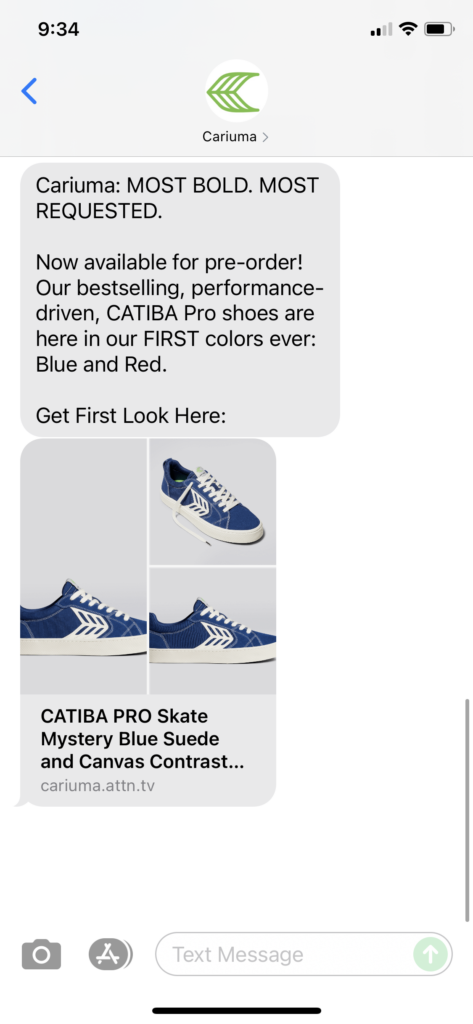 Cariuma Text Message Marketing Example - 06.19.2021