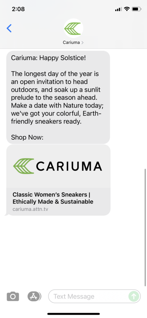 Cariuma Text Message Marketing Example - 06.21.2021