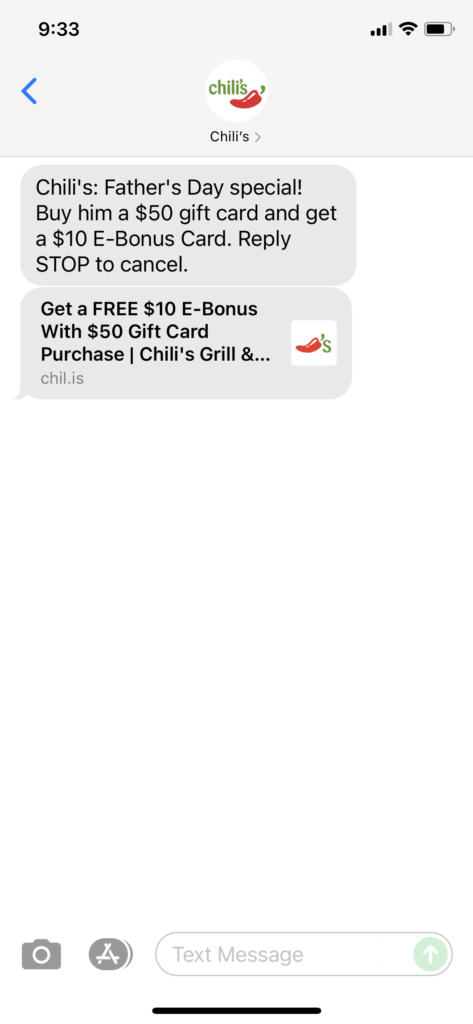 Chili's Text Message Marketing Example - 06.19.2021