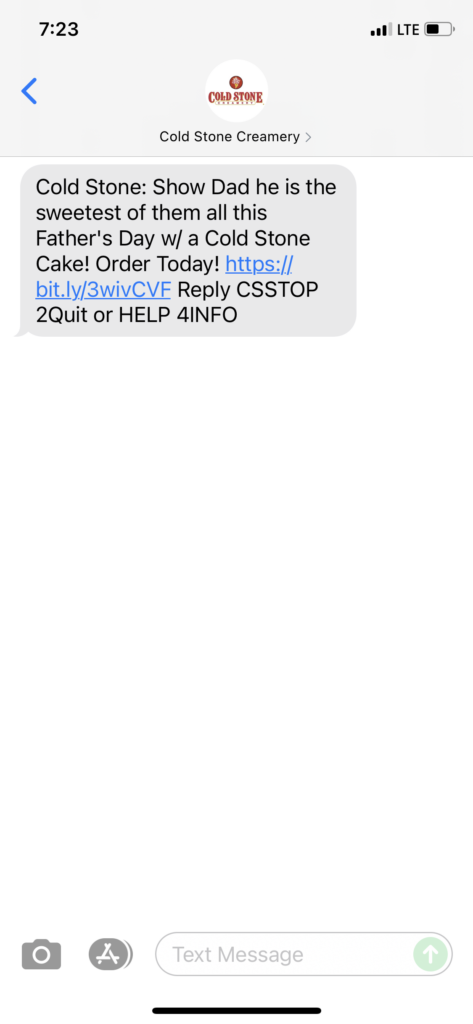 Cold Stone Creamery Text Message Marketing Example - 06.14.2021
