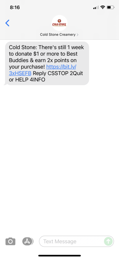 Cold Stone Creamery Text Message Marketing Example - 06.24.2021