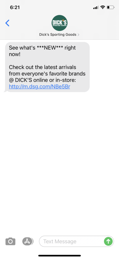Dick's Sporting Goods Text Message Marketing Example - 06.03.2021