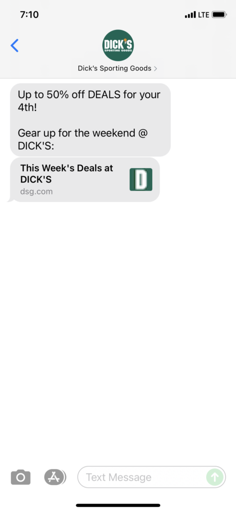 Dick's Sporting Goods Text Message Marketing Example - 06.28.2021