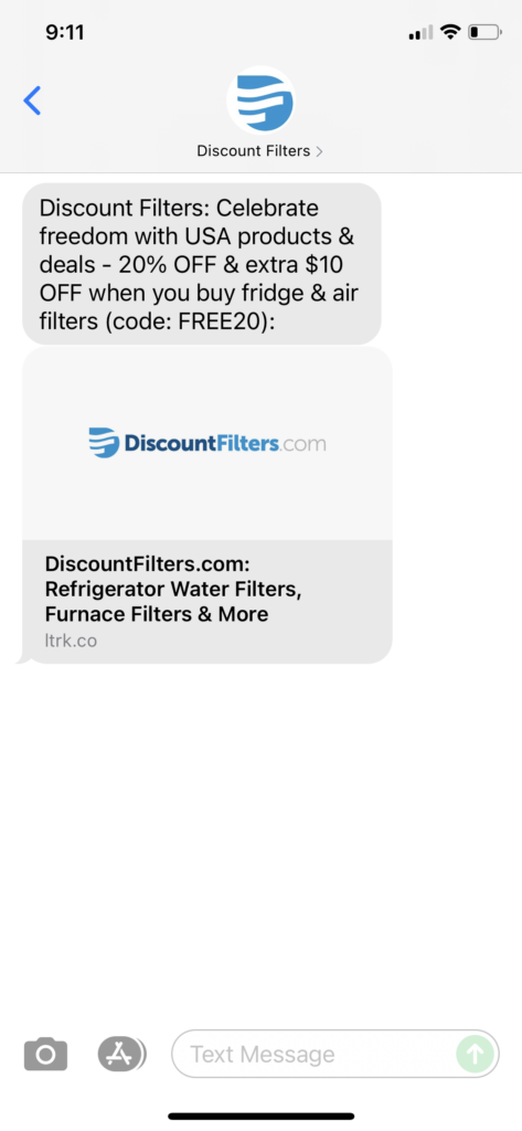 Discount Filters Text Message Marketing Example - 06.29.2021