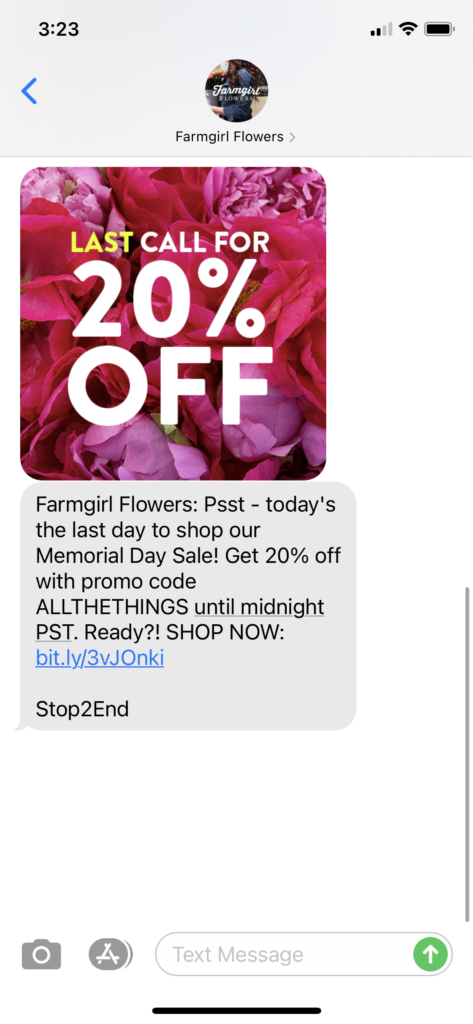 Farmgirl Flowers Text Message Marketing Example - 06.01.2021