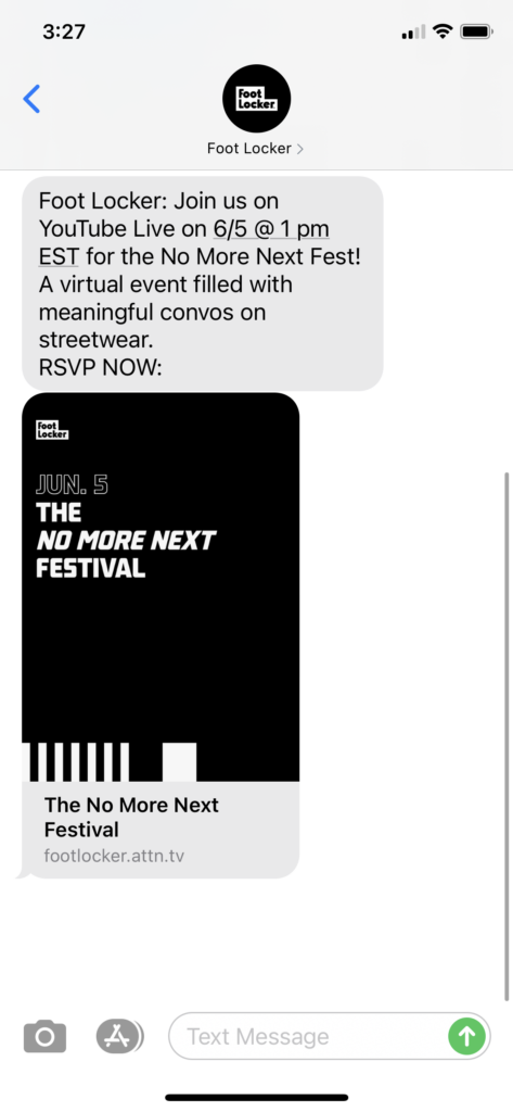 Foot Locker Text Message Marketing Example - 06.01.2021