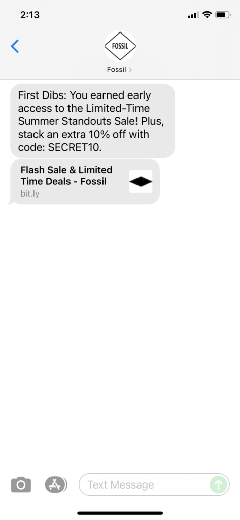 Fossil Text Message Marketing Example - 06.21.2021