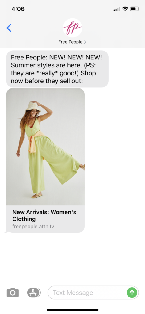 Free People Text Message Marketing Example - 06.05.2021