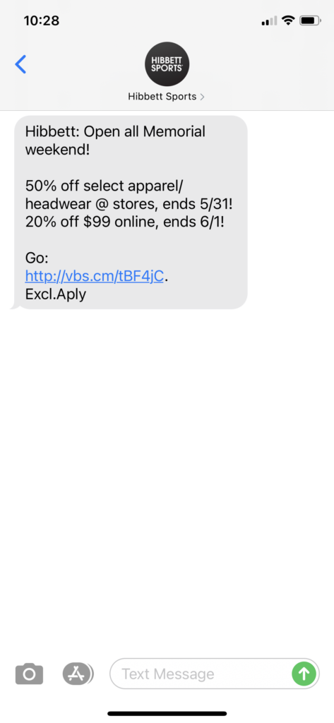 Hibbett Text Message Marketing Example - 05.30.2021