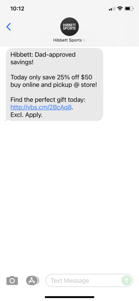 Hibbett Text Message Marketing Example - 06.16.2021