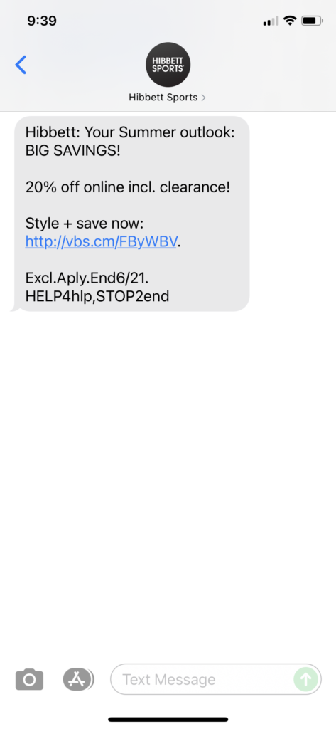 Hibbett Text Message Marketing Example - 06.19.2021