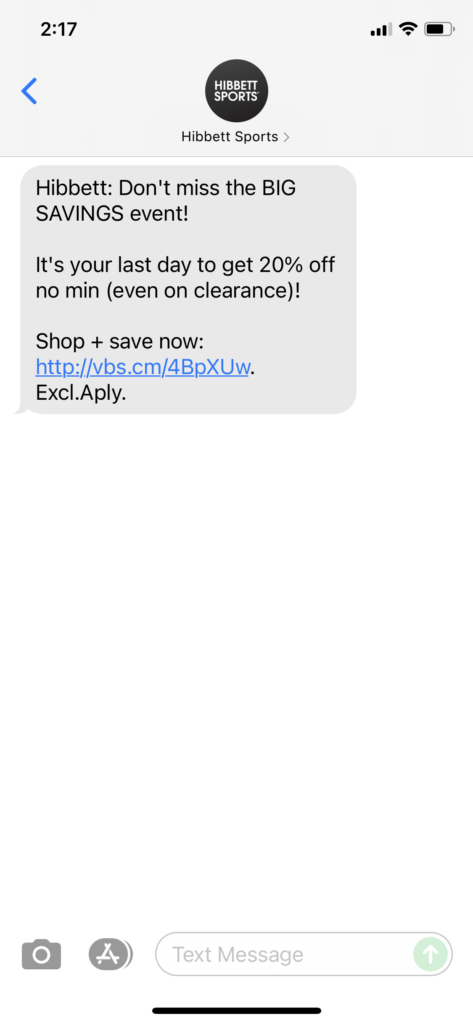Hibbett Text Message Marketing Example - 06.21.2021