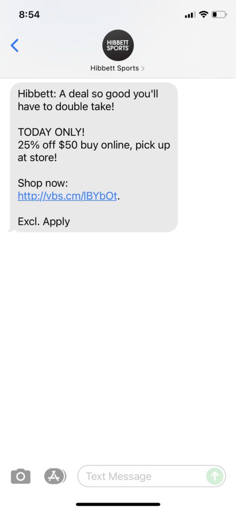 Hibbett Text Message Marketing Example - 06.30.2021