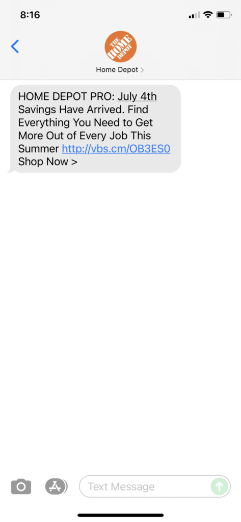 Home Depot I Text Message Marketing Example - 06.24.2021