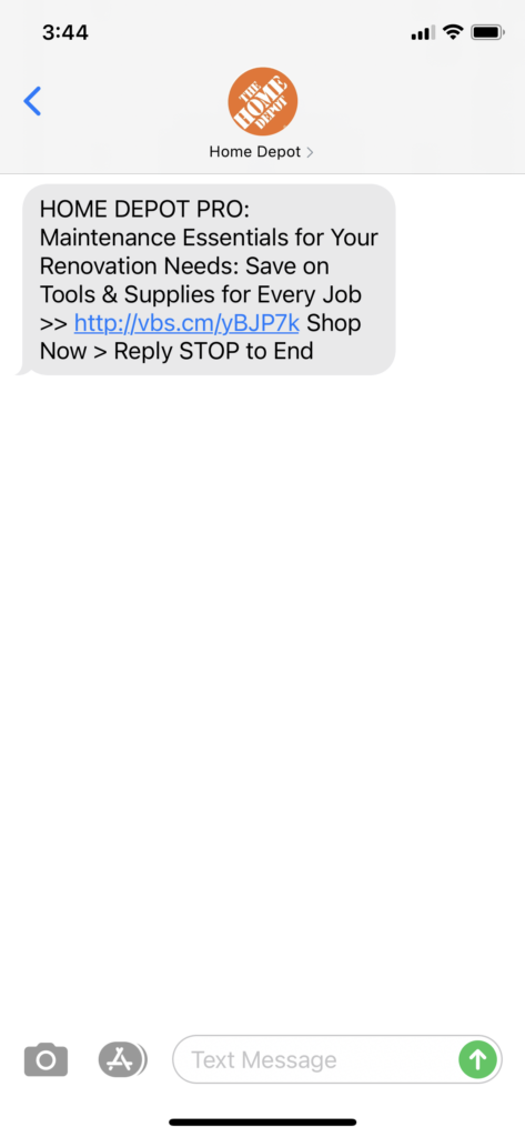 Home Depot Text Message Marketing Example - 05.31.2021