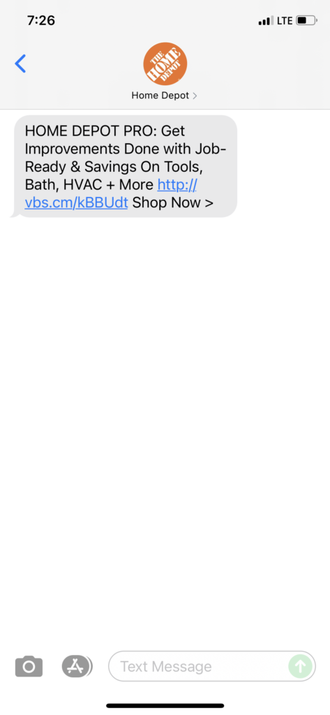Home Depot Text Message Marketing Example - 06.14.2021