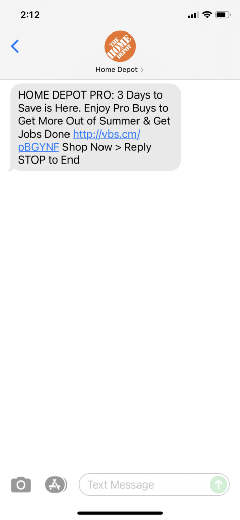 Home Depot Text Message Marketing Example - 06.21.2021
