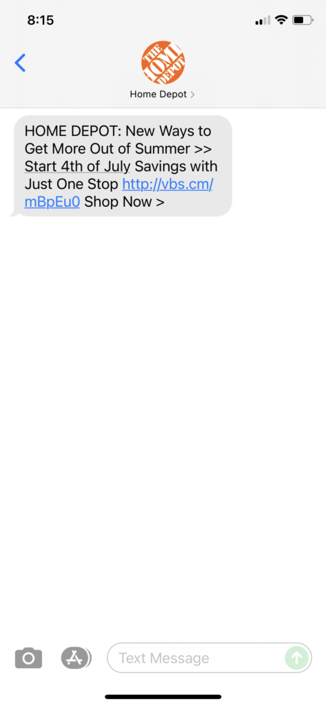 Home Depot Text Message Marketing Example - 06.24.2021