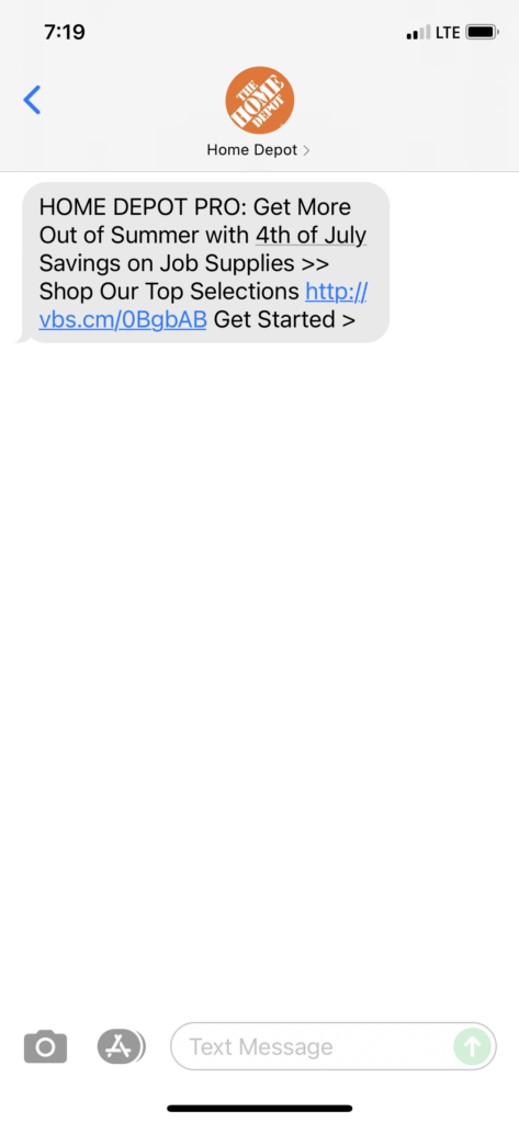 Home Depot Text Message Marketing Example - 06.28.2021